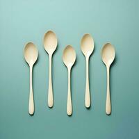 Plastic white spoons on blue background minimalism. High-resolution. AI Generative photo