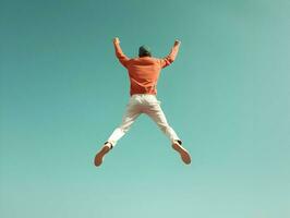 Back view photo of jumping happy man minimalism. High-resolution. AI Generative