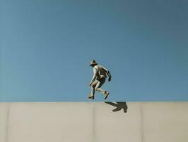 Photo of man jumping through the wall minimalism. High quality. AI Generative