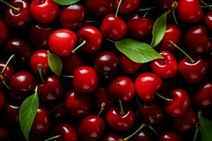 Cherries with leaves background. High quality. AI Generative photo