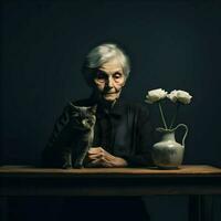 An old lady with a cat in her hand seating and vase with flowers. High quality. AI Generative photo