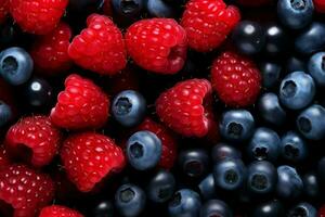Blueberry and raspberry background. Red and blue berries. High quality. AI Generative photo