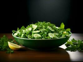 Green cucumber salad in bowl minimalism. High quality. AI Generative photo