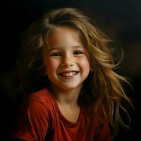 Happy 7-year-old girl on dark background. High quality. AI Generative photo