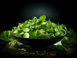 Cinematic photo of tasty green salad with cucumber in bladk bowl minimalism. High-resolution. AI Generative