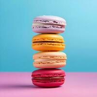 Macarons stacked on top of each other minimalism bright colors. High-resolution. AI Generative photo