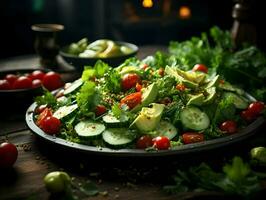 Cinematic photo of tasty green salad with tomatoes and cucumber minimalism. High-resolution. AI Generative