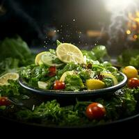 Cinematic photo of green salad with lemon bright light. High-resolution. AI Generative