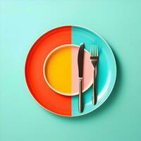 Bright plate with folk and knife minimalism. High quality. AI Generative photo