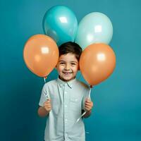 A happy 7-year-old boy holds colorful helium balloons with minimalism. High-resolution. AI Generative photo