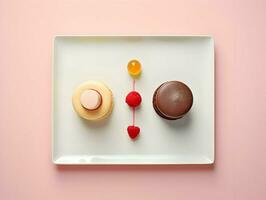 Two french desserts on square plate minimalism. High-resolution. AI Generative photo