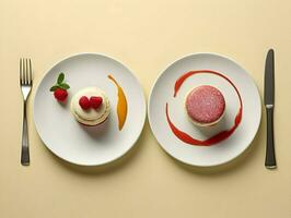 French desserts on two plates minimalism. High quality. AI Generative photo