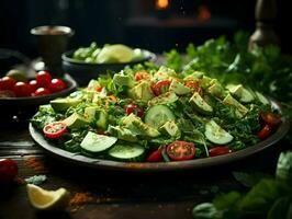 Cinematic photo of tasty green salad with avocado, tomatoes, and cucumbers minimalism. High-resolution. AI Generative