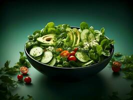 Cinematic photo of tasty green salad with avocado, tomatoes, and cucumbers minimalism. High-resolution. AI Generative