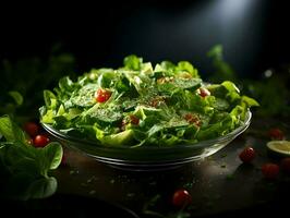 Cinematic photo of tasty green salad with avocado, tomatoes, and cucumbers minimalism. High-resolution. AI Generative