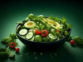 Cinematic photo of tasty green salad with avocado, tomatoes, and cucumbers minimalism. High-resolution. AI Generative