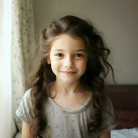 Happy 7-year-old girl with dark hair. High quality. AI Generative photo