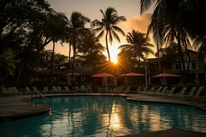 Swimming pool at a luxury resort with lots of greenery and sun loungers at sunset. Generative AI photo