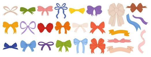 Simple hand drawn ribbon bow collection in flat organic modern style. Bowknot for decoration, big set of bowtie vector