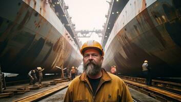 Man in hard hat at shipyard. AI Generated. photo
