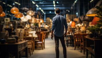 Rear view of a young man standing in a furniture store. AI Generated. photo