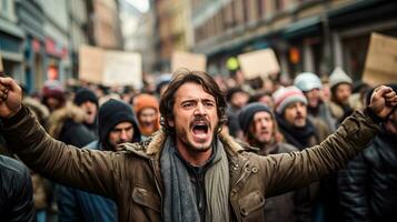 manifestantes de marcha abajo un ciudad calle. ai generado. foto