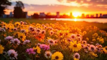 Sunset over field of daisies. AI Generated. photo