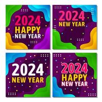 cuatro conjuntos de 2024 nuevo año social medios de comunicación enviar modelo diseños con resumen estilo púrpura color antecedentes. vector