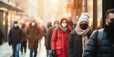 People Walking on a Busy Street Wearing Masks. AI Generated. photo