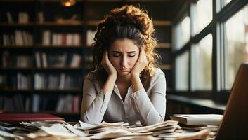 Stressed woman at desk with papers. AI Generated. photo