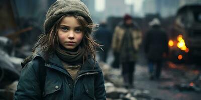 preadolescente niña en un devastado por la guerra ciudad. ai generado. foto