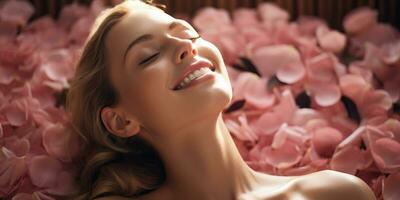 Beautiful young woman lying in spa salon with petals of hydrangea. AI Generated. photo