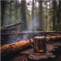 Camping mug by the fire generated with AI photo