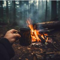 Camping mug by the fire generated with AI photo