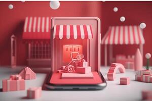 3d illustration of a small shop on a pink background generated with AI photo