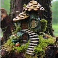 A fairy house with a tree stump and moss generative with AI photo