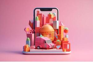 3d illustration of a small shop on a pink background generated with AI photo