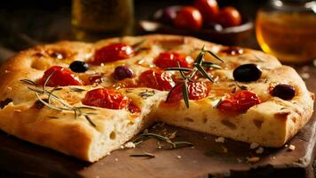 A square pizza with olives and rosemary generated with AI photo