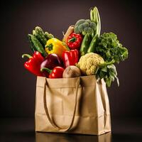 A paper bag filled with fresh fruits and vegetables generated with AI photo