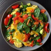 Spinach salad with eggs, tomatoes, bell pepper and sesame seeds generated with AI photo