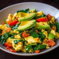 Spinach salad with eggs, tomatoes, bell pepper and sesame seeds generated with AI photo