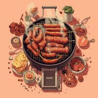 A drawing of a grill with sausage and other food generated with AI photo