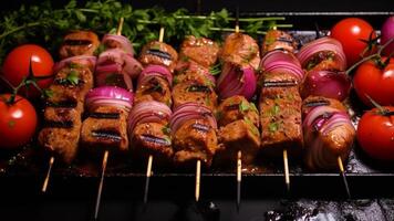 Grilled meat skewers with vegetables on black plate generated with AI photo