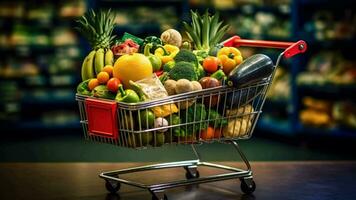 A shopping cart full of fresh fruits and vegetables generated with AI photo