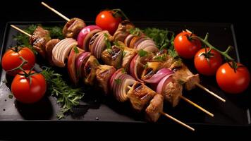 Grilled meat skewers with vegetables on black plate generated with AI photo