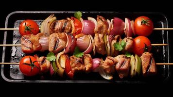 Grilled meat skewers with vegetables on black plate generated with AI photo