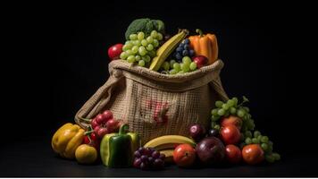 un papel bolso lleno con Fresco frutas y vegetales generado con ai foto