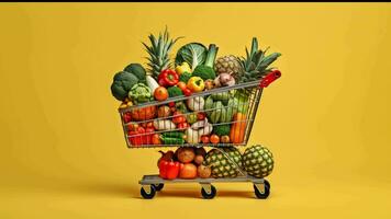 un compras carro lleno de Fresco frutas y vegetales generado con ai foto