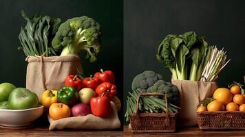 A paper bag filled with fresh fruits and vegetables generated with AI photo