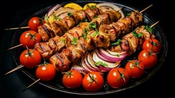 Grilled meat skewers with vegetables on black plate generated with AI photo